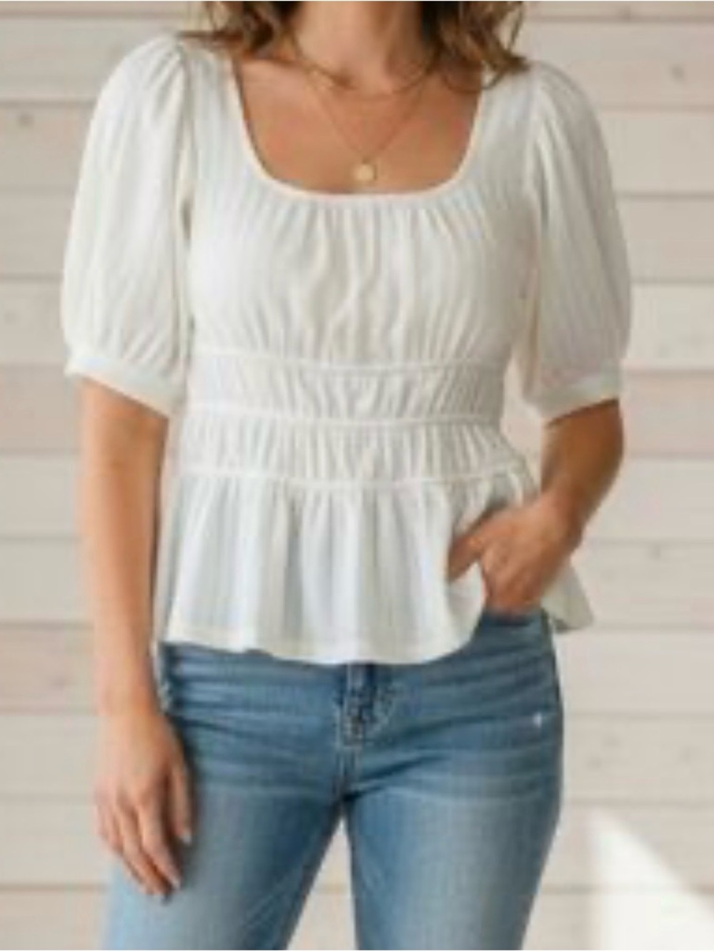 Anthropologie White Smocked Peplum Blouse